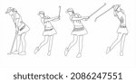 
Continuous line drawing of young woman playing golf. Single one line art concept of professional golfer holding stick to hit ball. Vector illustrations