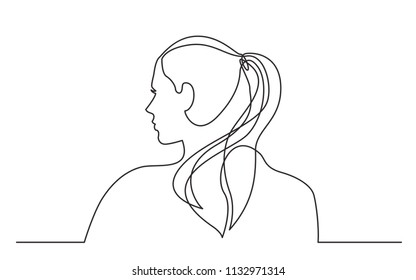 continuous line drawing of young woman with pony tail