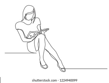 continuous line drawing of young woman sitting reading book