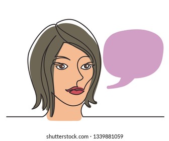 continuous line drawing of young woman portrait on white background