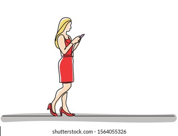 continuous line drawing of young woman browsing her cell phone