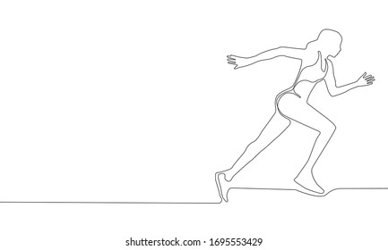 Continuous line drawing of Young woman runner on city road vector illustration for a whiteboard animation video. Outline girl running, silhouette jogger person isolated on white background. 