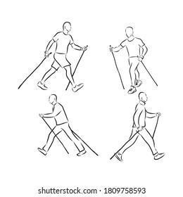 Continuous line drawing. A young woman walks on foot with walking sticks. Nordic walking, vector sketch illustration