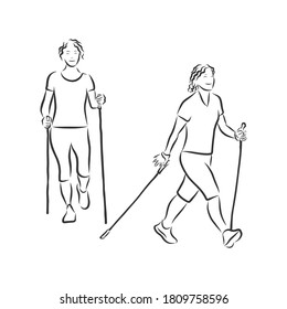 Continuous line drawing. A young woman walks on foot with walking sticks. Nordic walking, vector sketch illustration