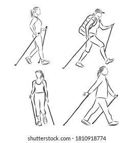 Continuous line drawing. A young woman walks on foot with walking sticks. Nordic walking, vector sketch illustration