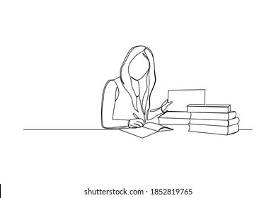 Continuous Line Drawing Of Young Woman Studying And Reading With Stack Of Books. One Line Art Of Education Concept. Vector Illustration