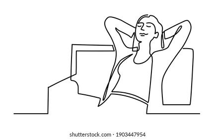 Continuous line drawing young woman relaxing in the chair   holding hands behind head  Vector illustration 