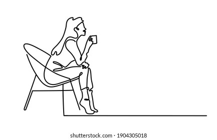 Continuous line drawing of young woman sitting in arm chair with cup of coffee or tea. Vector illustration. 