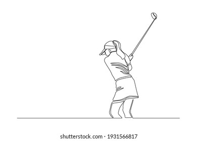 Continuous line drawing of young woman playing golf. Single one line art concept of professional golfer holding stick to hit ball. Vector illustration