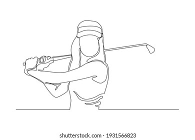 Continuous line drawing of young woman playing golf. Single one line art concept of professional golfer holding stick to hit ball. Vector illustration