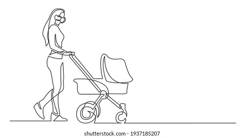 continuous line drawing of young woman with baby stroller walking  wearing face mask