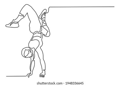 Continuous line drawing young woman stands in her arms. Breakdancing Concept of a healthy body, gymnastics, fitness.