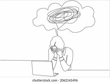 Continuous line drawing of young woman feeling sad, tired and worried suffering from depression in mental health. problem, failure and broken heart concept isolated on white background