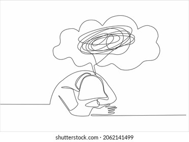 Continuous line drawing of young woman feeling sad, tired and worried suffering from depression in mental health. problem, failure and broken heart concept isolated on white background