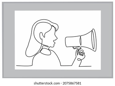 
continuous line drawing of young woman with megaphone on white background vector illustration