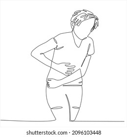 continuous line drawing of young woman suffering from stomach ache on white background vector illustration