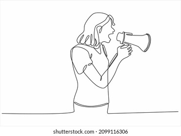 continuous line drawing of young woman with megaphone on white background vector illustration