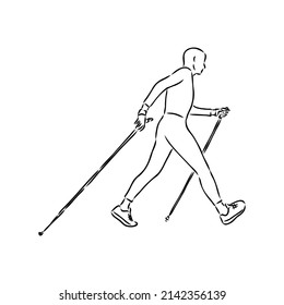 Continuous line drawing. A young woman walks on foot with walking sticks. Nordic walking, vector sketch illustration