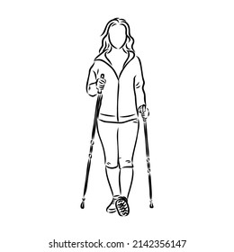 Continuous line drawing. A young woman walks on foot with walking sticks. Nordic walking, vector sketch illustration