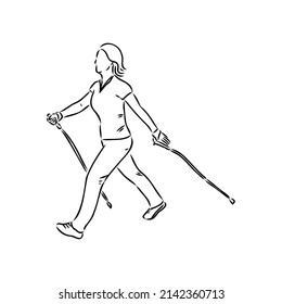 Continuous line drawing. A young woman walks on foot with walking sticks. Nordic walking, vector sketch illustration