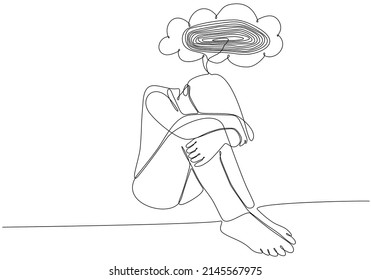 
Continuous line drawing of young woman feeling sad, tired and worried suffering from depression in mental health vector illustration