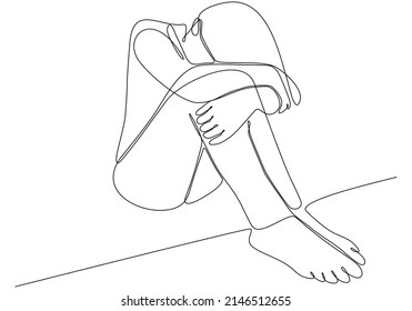 
Continuous Line Drawing Of Young Woman Feeling Sad, Tired And Worried Suffering From Depression In Mental Health Vector Illustration