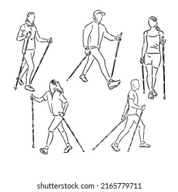 Dibujo continuo de líneas. Una joven camina a pie con bastones para caminar. Caminata nórdica, dibujo vectorial