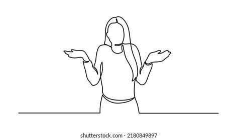 Continuous Line Drawing Young woman spread her hand   shrugging shoulder  I do not know  Oops! Continuous Line Drawing 