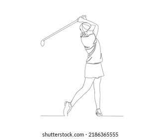 Dibujo continuo de una joven jugando al golf. Concepto de arte de una sola línea de golfista profesional balanceando el palo para golpear la pelota.