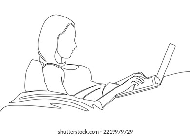 continuous line drawing of young woman lying in room with her laptop