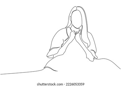 continuous line drawing of young woman waking up happy and smiling in bed 