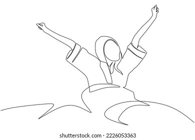 continuous line drawing of young woman waking up happy and smiling in bed 