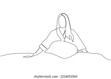 continuous line drawing of young woman waking up happy and smiling in bed 