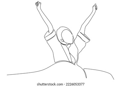 continuous line drawing of young woman waking up happy and smiling in bed 