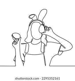 continuous line drawing of young woman wearing bunny clothes covering eyes with colorful eggs