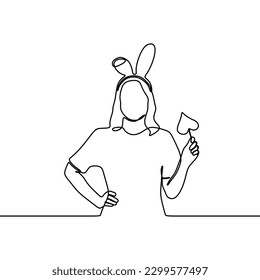 continuous line drawing of young woman wearing clothes bunny hold in hand lollipop