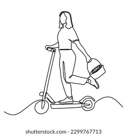 continuous line drawing of young woman wearing clothes bunny holding wicker basket colorful eggs riding e-scooter