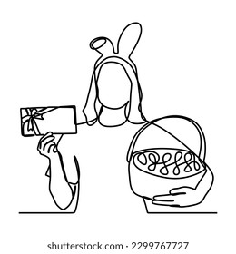 continuous line drawing of young woman holding wicker basket colorful eggs and gift certificate coupon voucher card