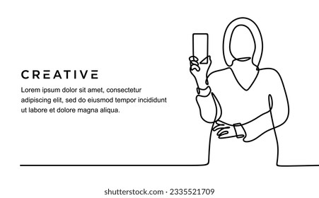 continuous line drawing of young woman showing phone looking cheerful