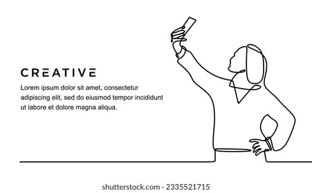 continuous line drawing of young woman showing phone looking cheerful