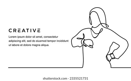 continuous line drawing of young woman pretends to look at her watch being