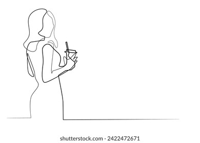 continuous line drawing of young woman holding paper cup of coffee .vector single line of young woman standing and carrying coffee.line art of woman enjoying coffee