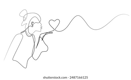 dibujo continuo de la línea de la mujer joven que sopla el amor con la mano. dibujo de una sola línea del signo del amor. gesto de dar el signo del amor. una línea Ilustración vectorial. fondo blanco aislado