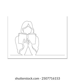 Continuous line drawing, young woman focused reading book. Reading Anytime, Anywhere, Woman Reading or Studying. Single Line Drawing Style with Editable Stroke.