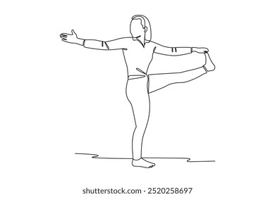 Continuous line drawing of a young woman practicing yoga, maintaining balance on one leg