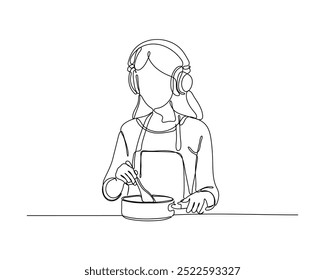 Continuous line drawing of a young woman wearing headphones and an apron, stirring a bowl, symbolizing multitasking in cooking and enjoying music.