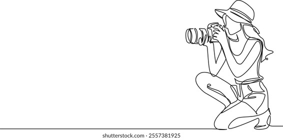 continuous line drawing of young woman taking pictures with DSLR, line art vector illustration