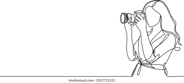 continuous line drawing of young woman taking pictures with DSLR, line art vector illustration