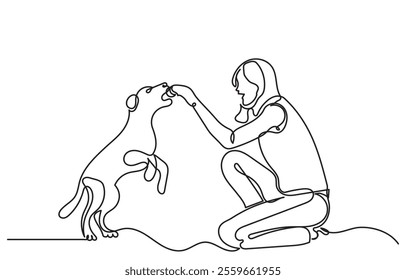 Continuous line drawing of a Young woman with her cute pet. The girl is playing with the dog and giving treats. The Concept of Pet Care, Love for Pets, Compassion, and Animal Communication. Dog vector