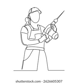 Continuous line drawing of young woman engineer wearing uniform while holding drill machine. Single line art of repair woman construction maintenance service. Vector illustration editable stroke